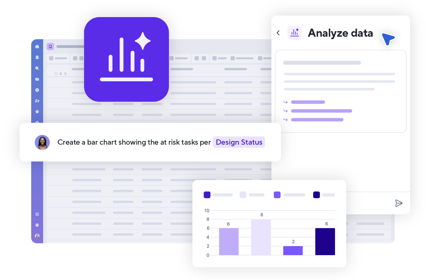 Illustration of Smartsheet AI generating summaries, refining messaging, and creating content from project data.