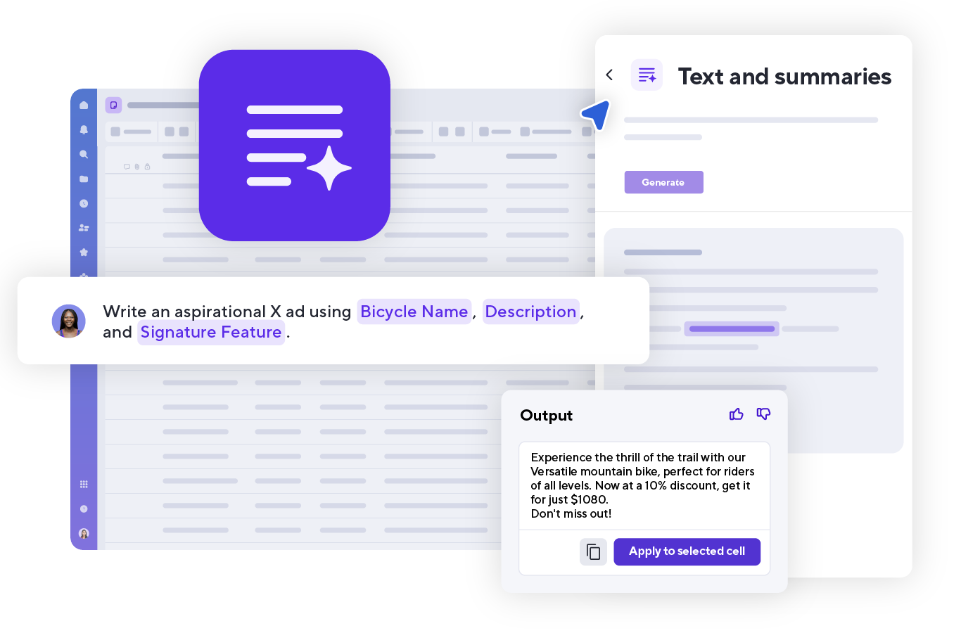 Illustration of Smartsheet AI generating summaries, refining messaging, and creating content from project data.