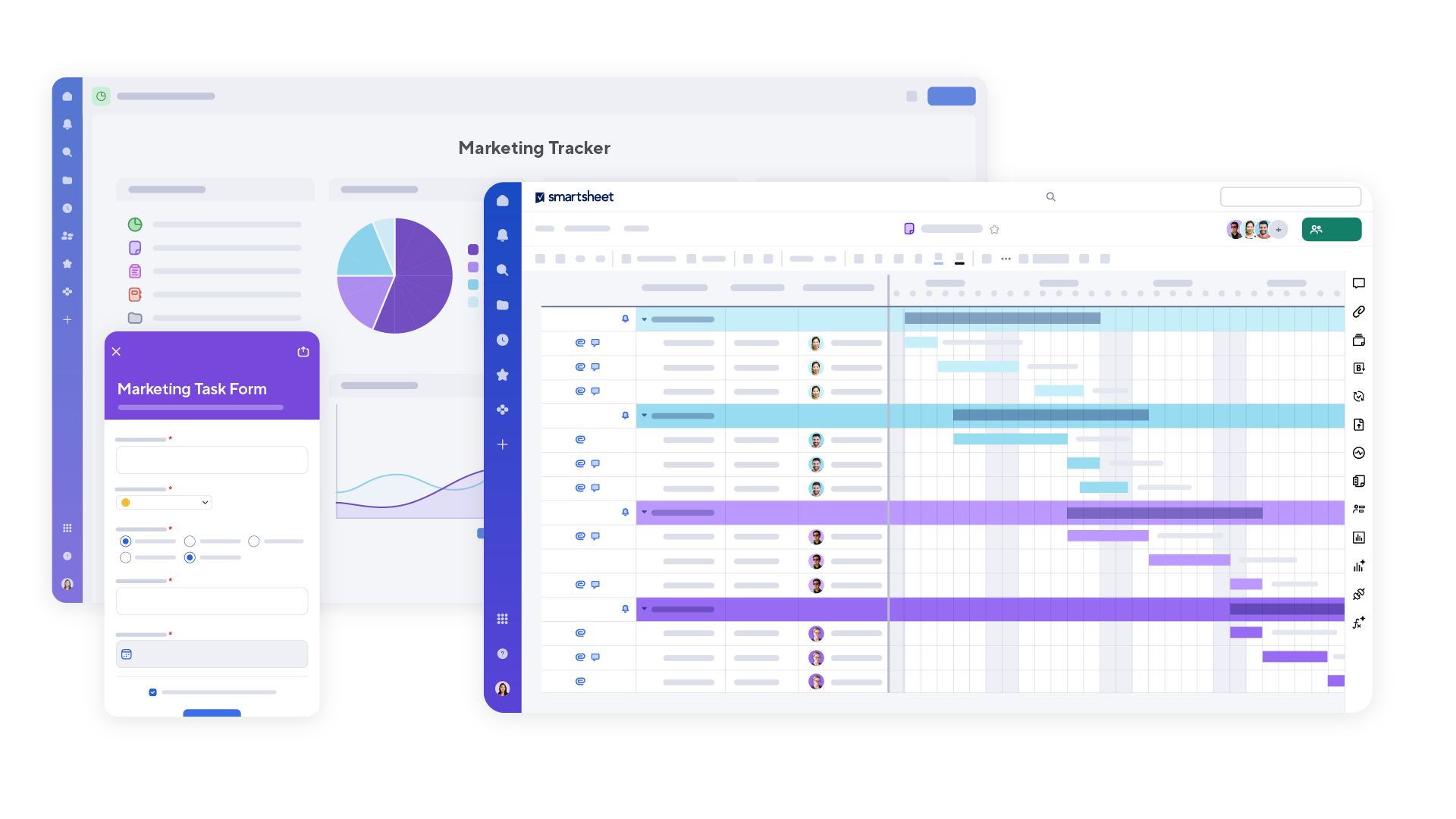 Marketing workflow with dashboard, gantt view, and mobile