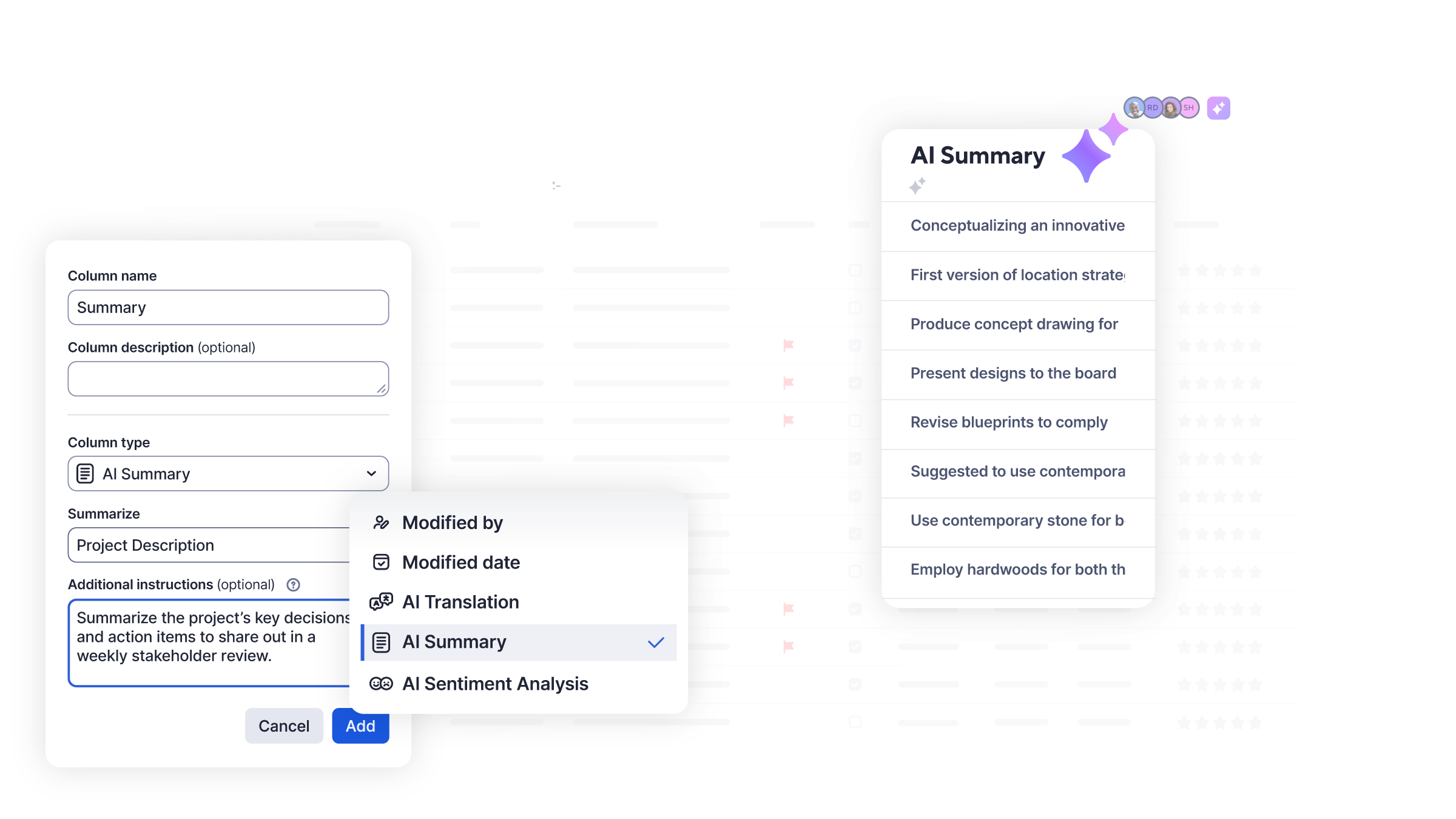 Smart columns ai summary product screen